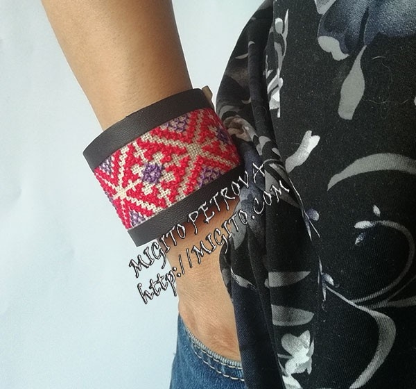 Hand made ethno embroidered leather bracelet