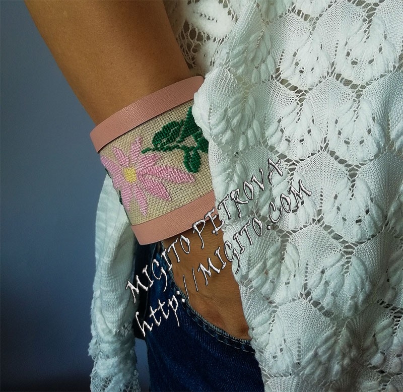 Handmade embroidered leather bracelet 