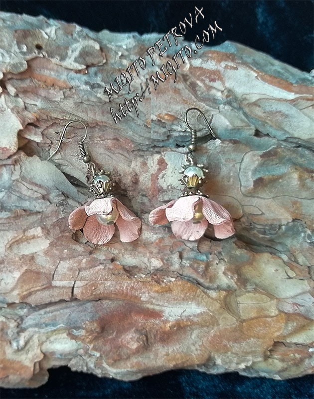 Ръчно изработени обеци от кожа розови с перли 2