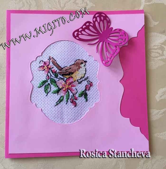 Handmade card with embroidery bird with spring branch