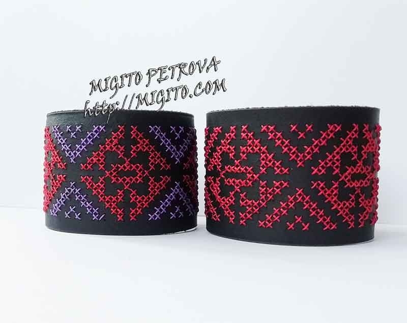 Handmade genuine leather bracelet with embroidery