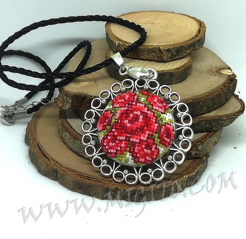 Hand embroidered necklace with roses, handmade
